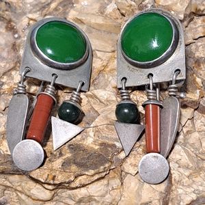 Vintage sterling silver jade and coral signed heavy well made dangle hook earrin